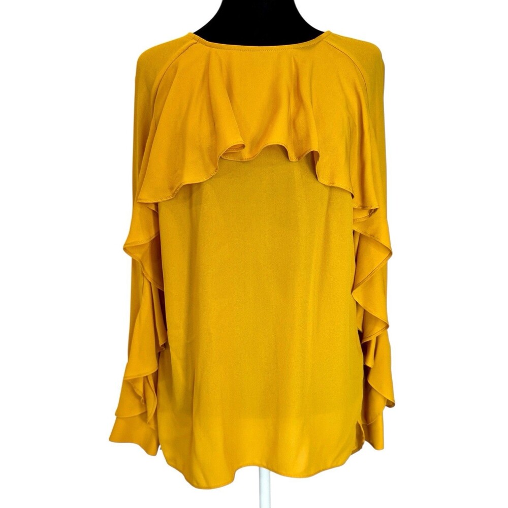 Women’s Yellow Gold Blouse Top Ruffle Drape Long Sleeve Size 6 Beige by Eci